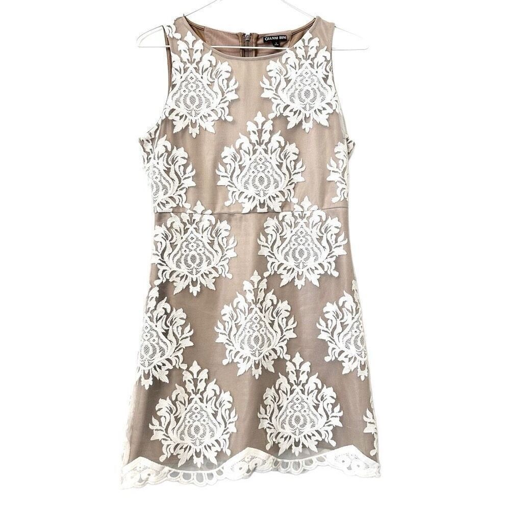 Gianni Bini Embroidered Damask Overlay Sleeveless A-line Mini Dress Tan Small